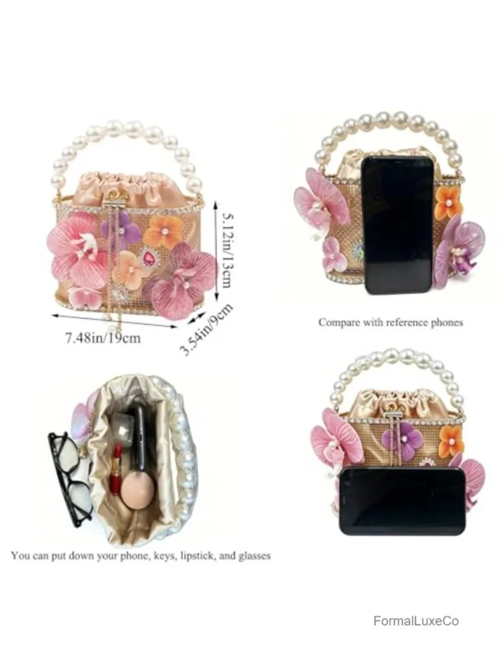Evening Bag Flower Shaped Rhinestone Gold Metallic Bucket Crossbody Clutch Party